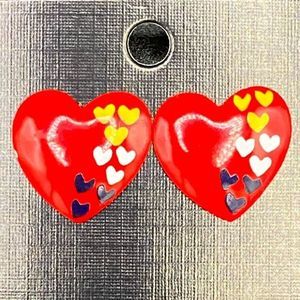 Red Yellow White and Black Enamel Heart Earrings VINTAGE